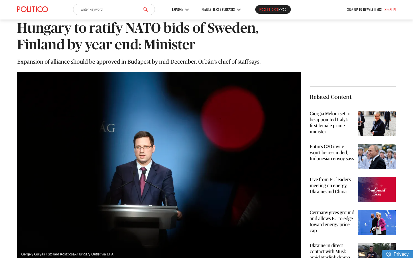 Венгрия пообещала ратифицировать вступление Швеции и Финляндии в НАТО до конца года