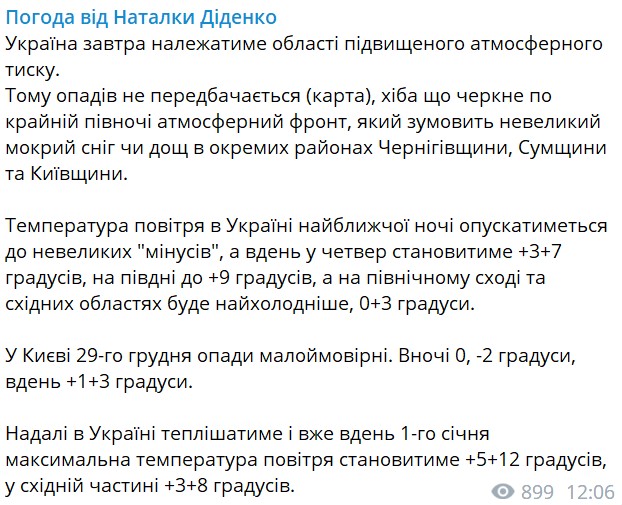 Погода в Украине 29 декабря