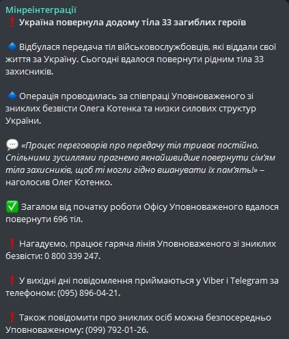 Украина вернула тела 33 погибших военнослужащих