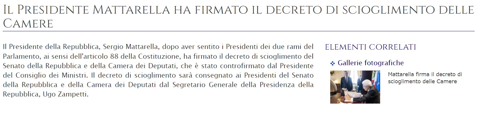 Скриншот с сайте президента Италии