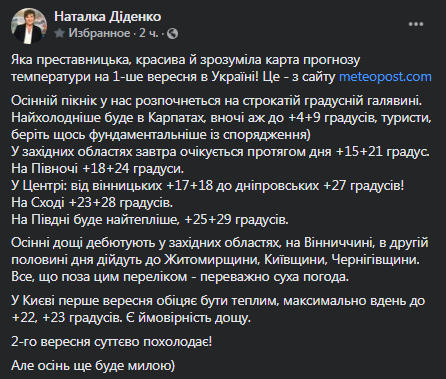 Погода в Украине на 1 сентября. Скриншот фейсбук-сообщения Диденко