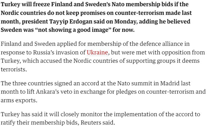 Турция не поддержит заявки Швеции и Финляндии на вступление в НАТО при невыполнении условий