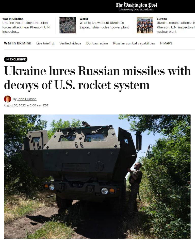 В The Washington Post рассказали, как армия РФ стреляла по украинским макетам-приманкам, принимая их за HIMARS. Россияне потратили уже около 10 дорогостоящих ракет Калибр на такие удары по макетам