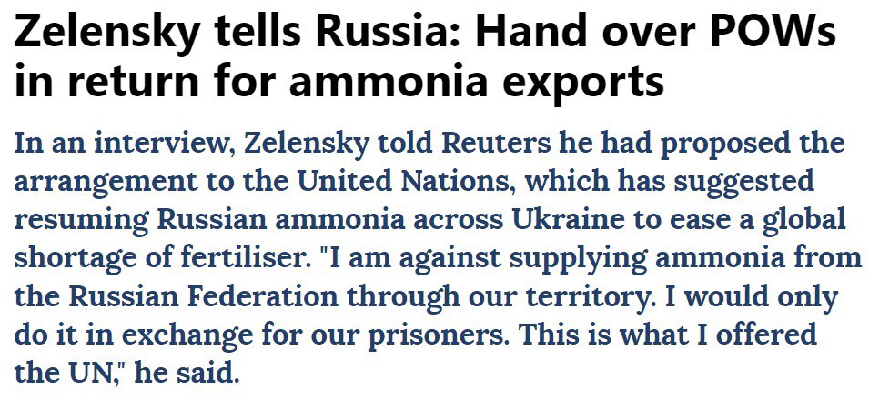 Зеленский поддержит транзит российского аммиака через Украину при условии освобождения пленных