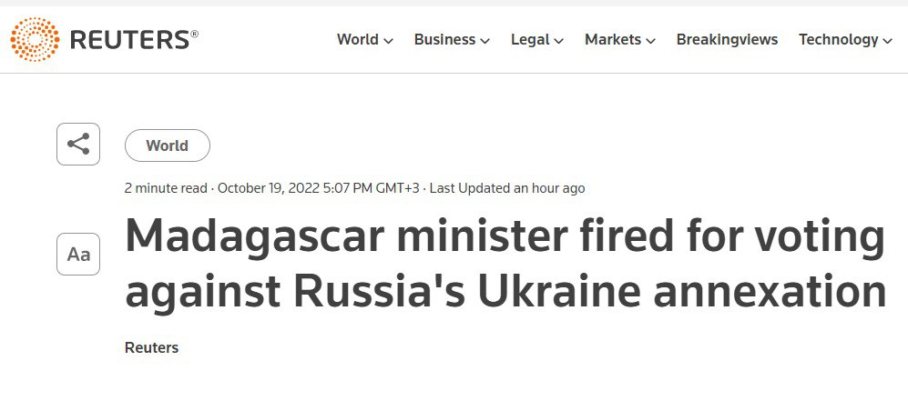 Издание Reuters сообщило о том, что главу МИД Мадагаскара уволили за поддержку в ООН осуждения аннексии территории Украины Россией