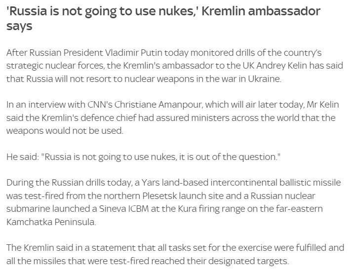 Посол России в Великобритании сообщил, что министр обороны РФ Шойгу заверил своих коллег всего мира в том, что Россия не собирается использовать ядерное оружие
