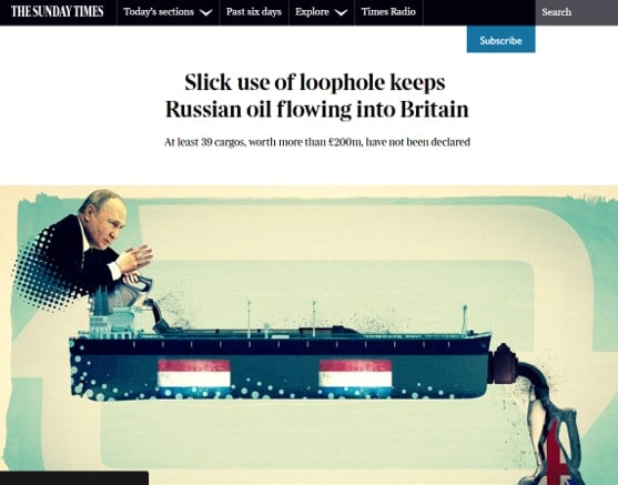 Издание Sunday Times пишет о том, что нефть из России продолжает поступать в Великобританию в обход санкций