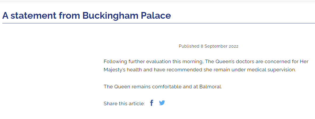 В Букингемском дворце заявили, что врачи королевы Великобритании Елизаветы II обеспокоены ее состоянием здоровья 