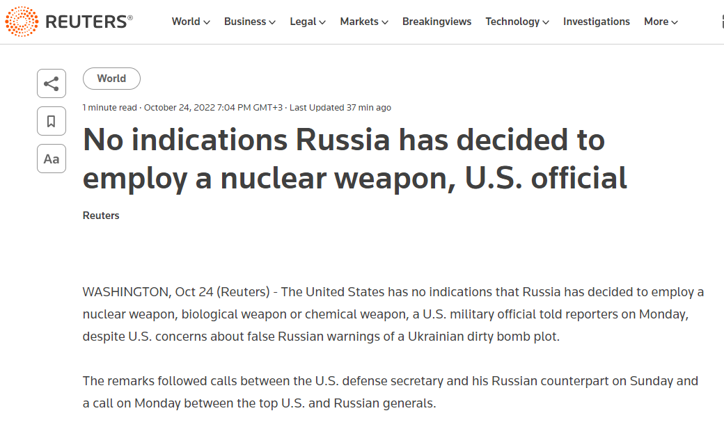 Представитель Министерства обороны США заявил о том, что США не имеют никаких разведывательных данных, указывающих на то, что Россия приняла какое-либо решение о применении ядерного оружия в Украине