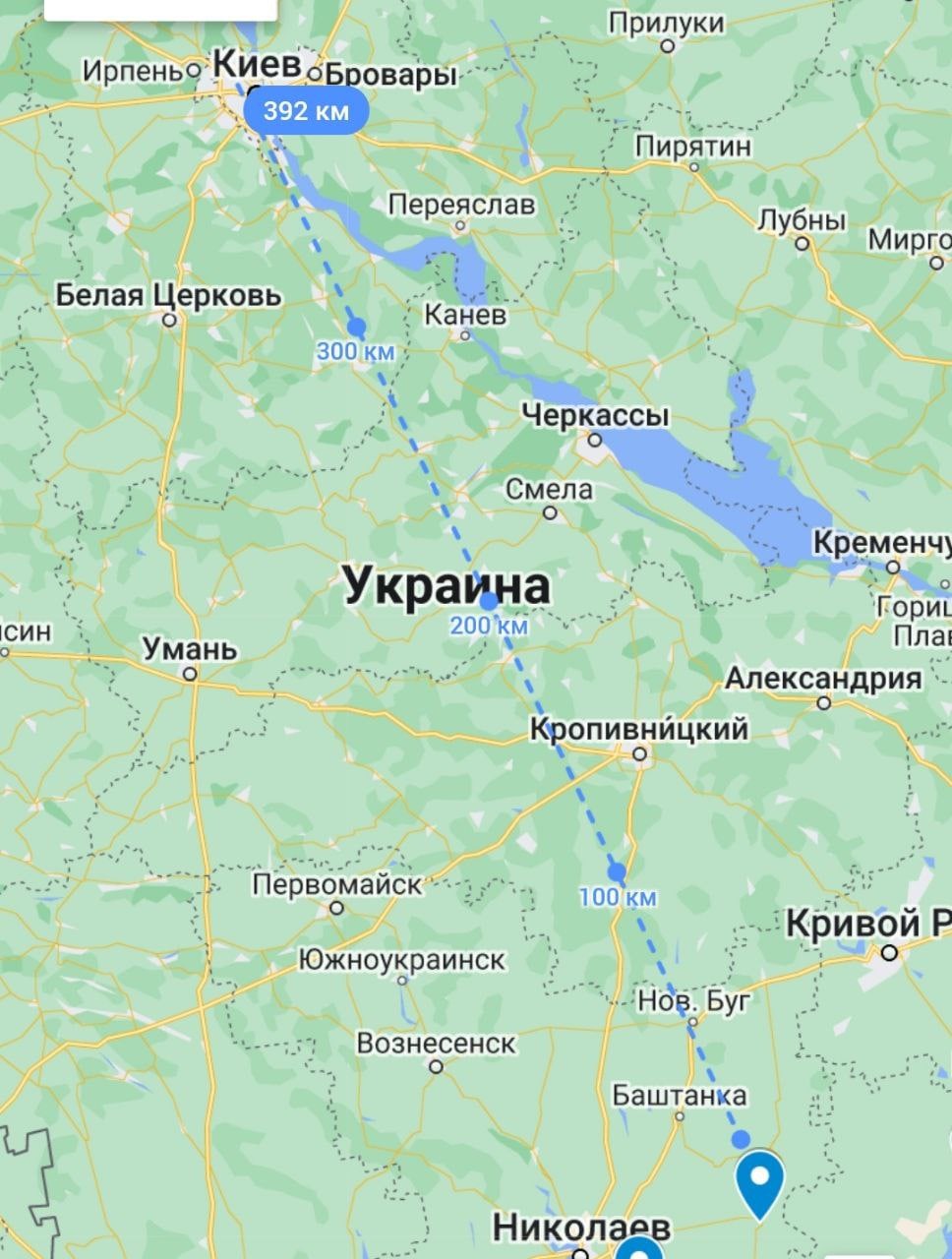 Расстояние от линии фронта на юге до Киева - около 400 км