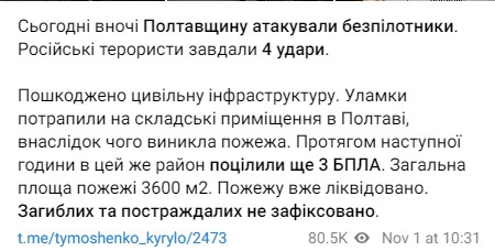 Фото последствий атаки дронов Шахидов на Полтавскую область показали у Зеленского