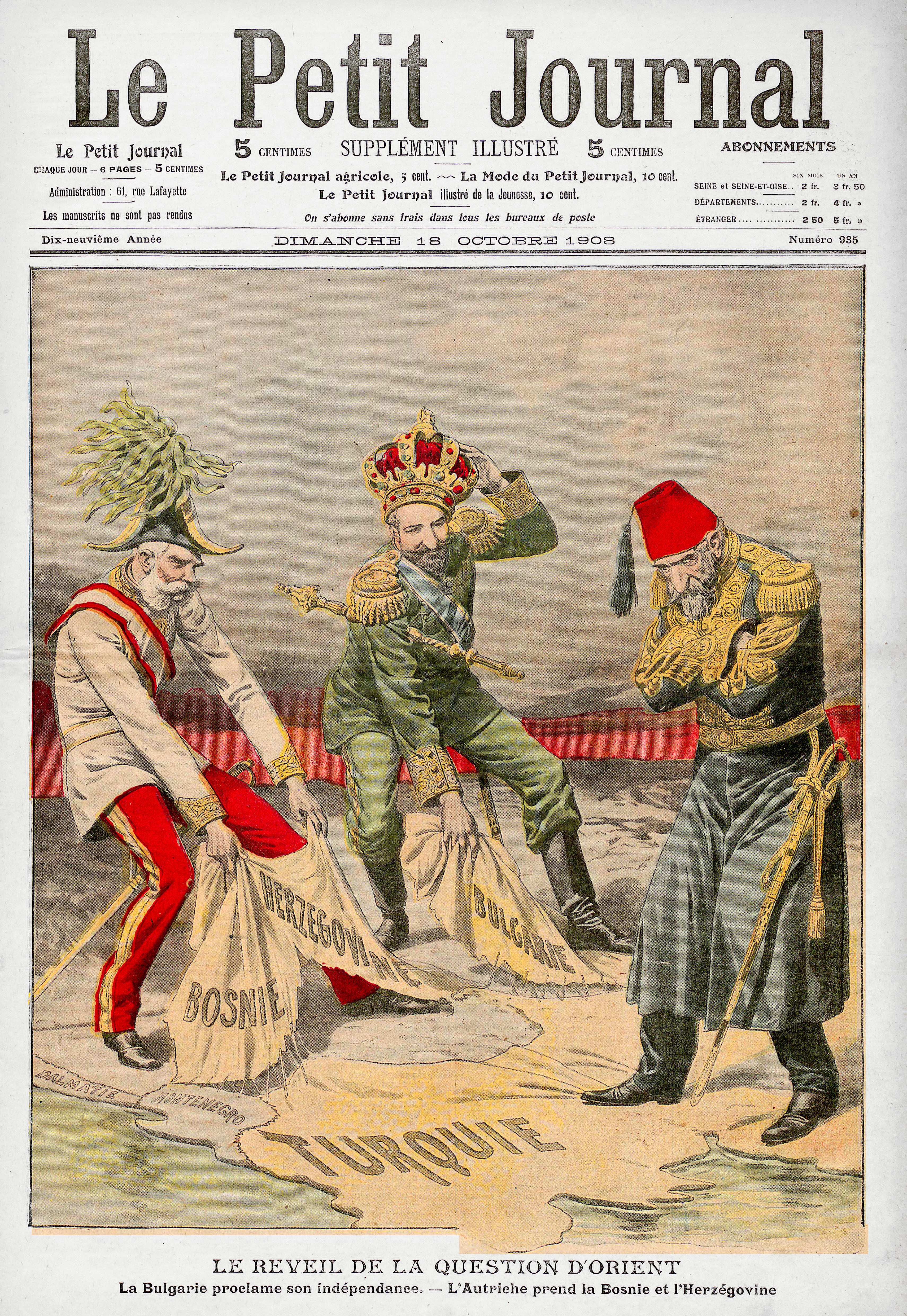 Франц Иосиф и Фердинанд отбирают турецкие земли у беспомощного султана. Обложка Le Petit Journal 18 октября 1908
