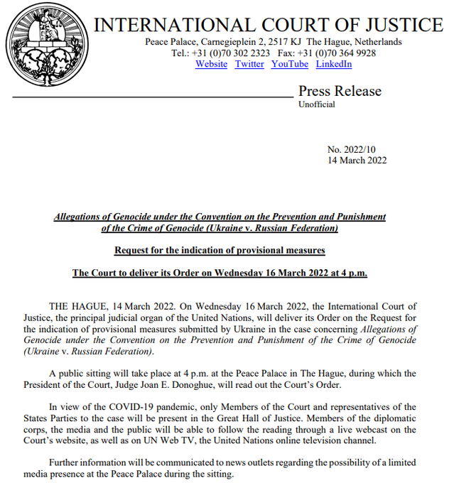 Международный суд рассмотрит дело Украины против России о геноциде