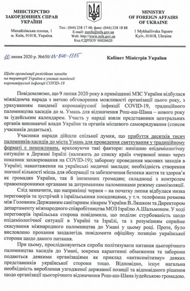 Хасиды не приедут в Умань в 2020 году. Скриншот Facebook Александра Цебрия