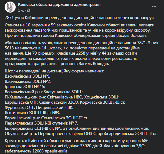 В Киевской области учеников переводят на дистанционку. Скриншот: фейсбук-страница КОГА