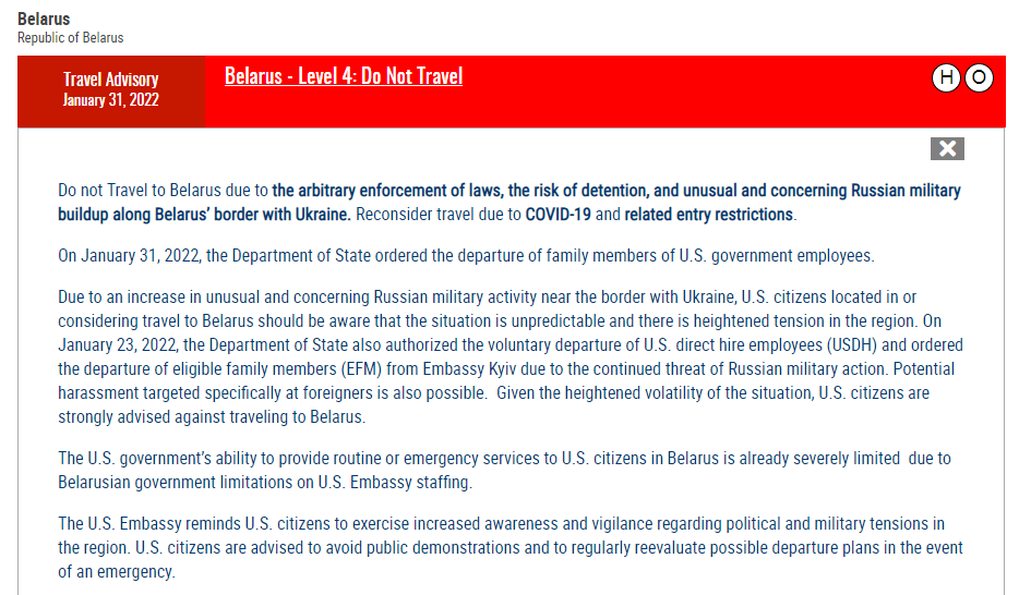 США рекомендовали не ездить в Беларусь. Скриншот