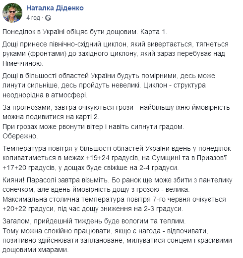 Погода в Украине. Скриншот: Facebook/Наталья Диденко