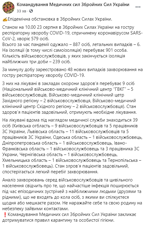 За сутки коронавирус выявили у 48 бойцов ВСУ. Скриншот: ВСУ в Фейсбук