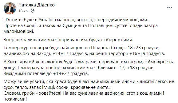 Синоптик рассказала, жителям каких регионов завтра не понадобится зонт. Скриншот: Наталка Диденко в Фейсбук