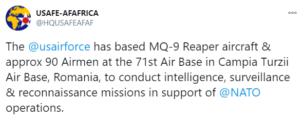 США перебросили разведывательно-ударные дроны в Румынию. Скриншот: Твиттер