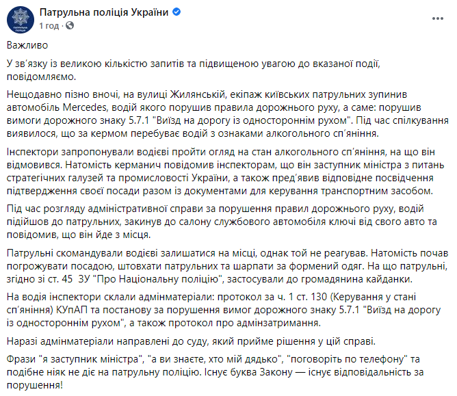 Толкал полицейских и угрожал им должностью. Патрульные рассказали подробности задержания Немилостивого. Скриншот: полиция