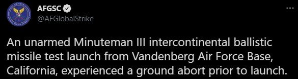 В США прерван тестовый пуск межконтинентальной баллистической ракеты Minuteman III. Скриншот