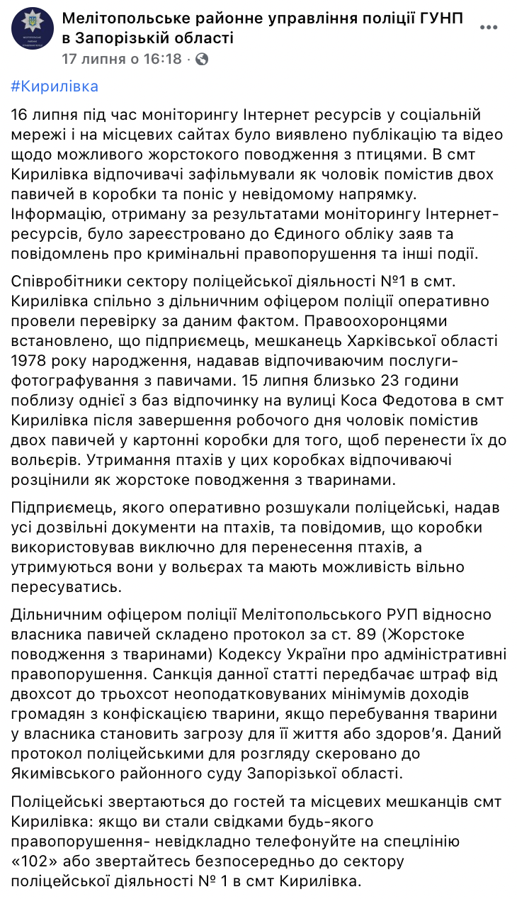 В Кирилловке могут привлечь к ответственности предпринимателя, который переносил павлинов в коробках