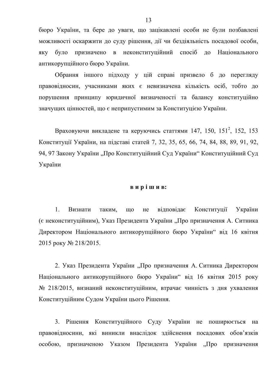 КС опубликовал решение о неконституционности назначения Сытника директором НАБУ. Скан: КС