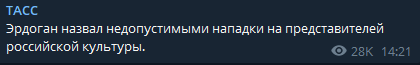 Эрдоган назвал недопустимыми нападки на представителей российской культуры