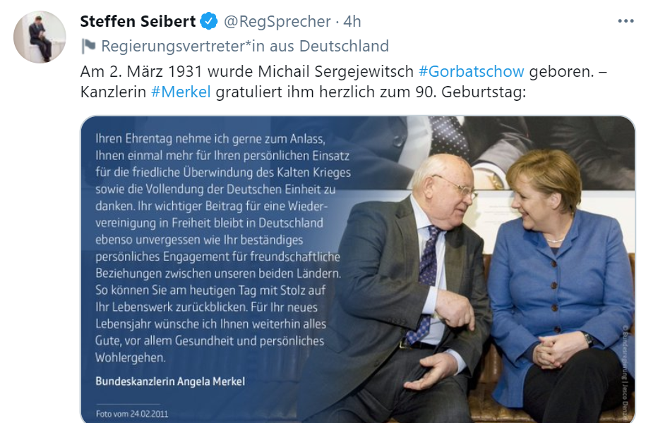 Меркель поздравила Горбачева с юбилеем