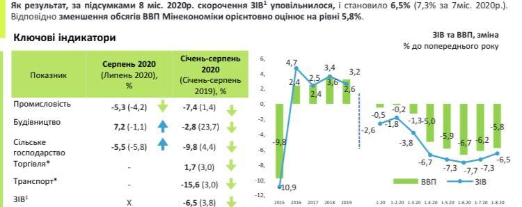 Динамика сокращения ВВП Украины в 2020 году. Инфографика: Минэкономики