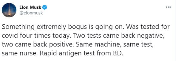 Илон Макс сдал четыре теста на коронавирус. Скриншот: twitter.com/elonmusk