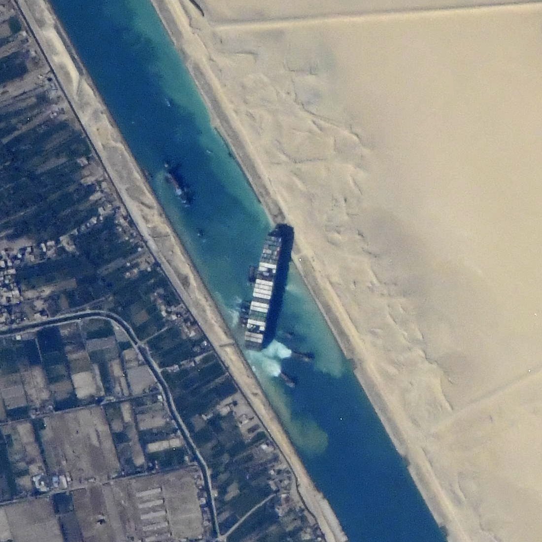 С МКС сфотографировали контейнеровоз в Суэцком канале. Скриншот из твиттера российского космонавта Сергея Кудь-Сверчкова