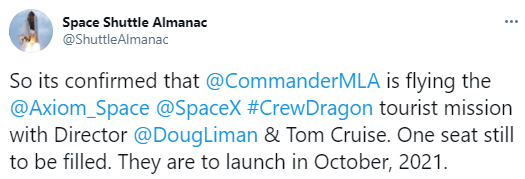 Том круз мог стать космическим туристом. Скриншот  https://twitter.com/ShuttleAlmanac/status/1307148793633075200