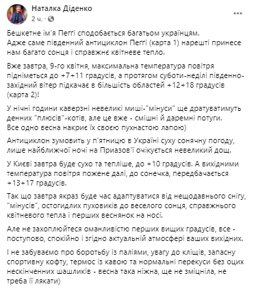 Погода в Украине. Скриншот из фейсбука Натальи Диденко