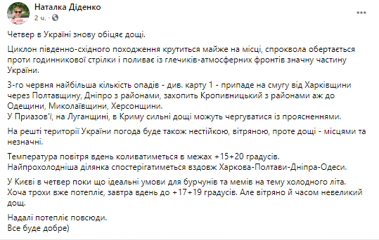 Погода в Украине от Натальи Диденко. Скриншот из фейсбука синоптика
