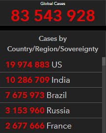 Распространение коронавируса в мире. Скриншот https://coronavirus.jhu.edu/map.html