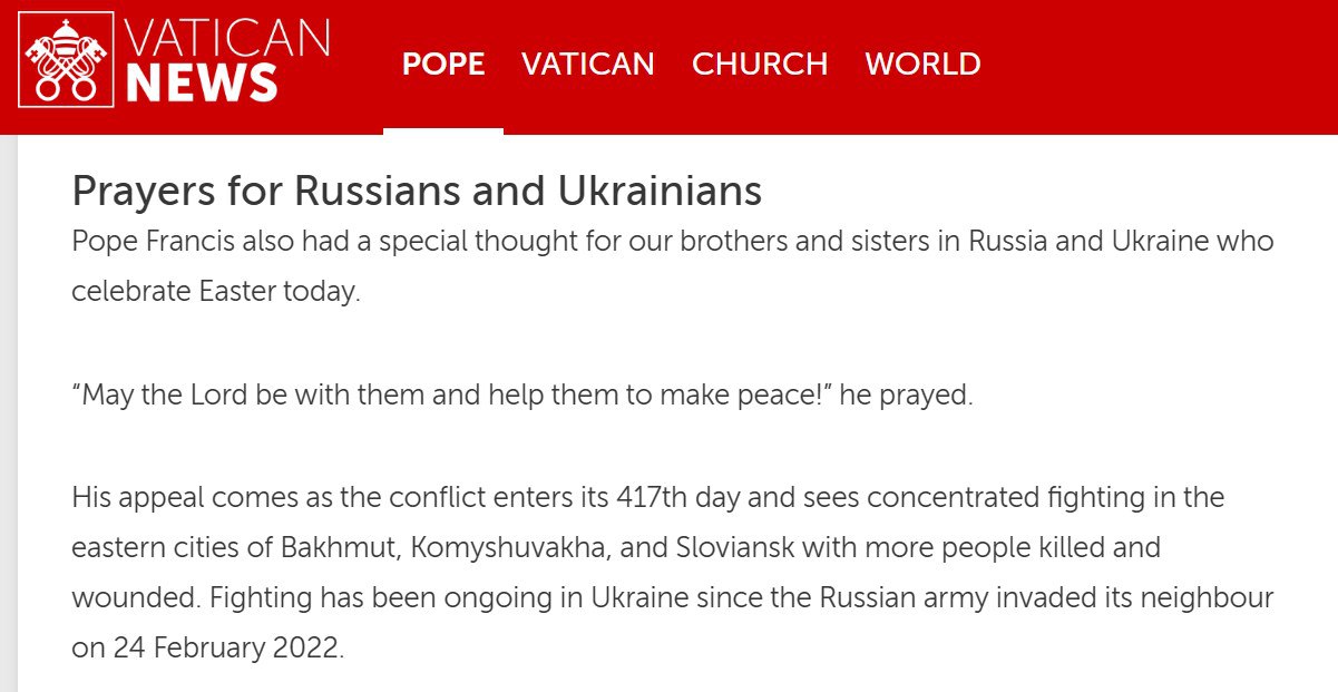 Папа римський закликав до примирення росіян та українців
