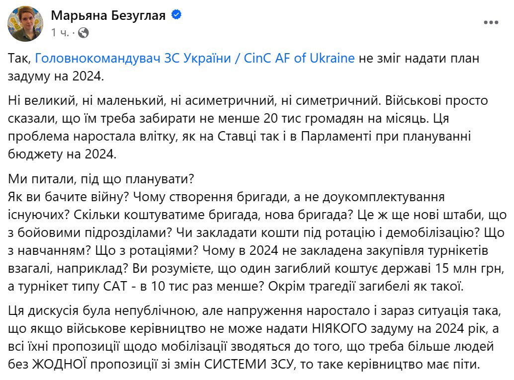 Безуглая считает, что Залужный должен уйти в отставку