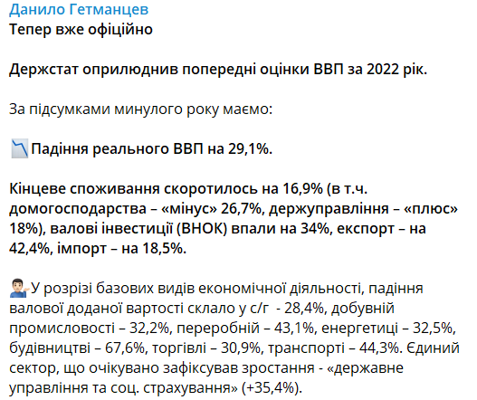 Коментар Гетьманцева про ВВП за 2022 рік